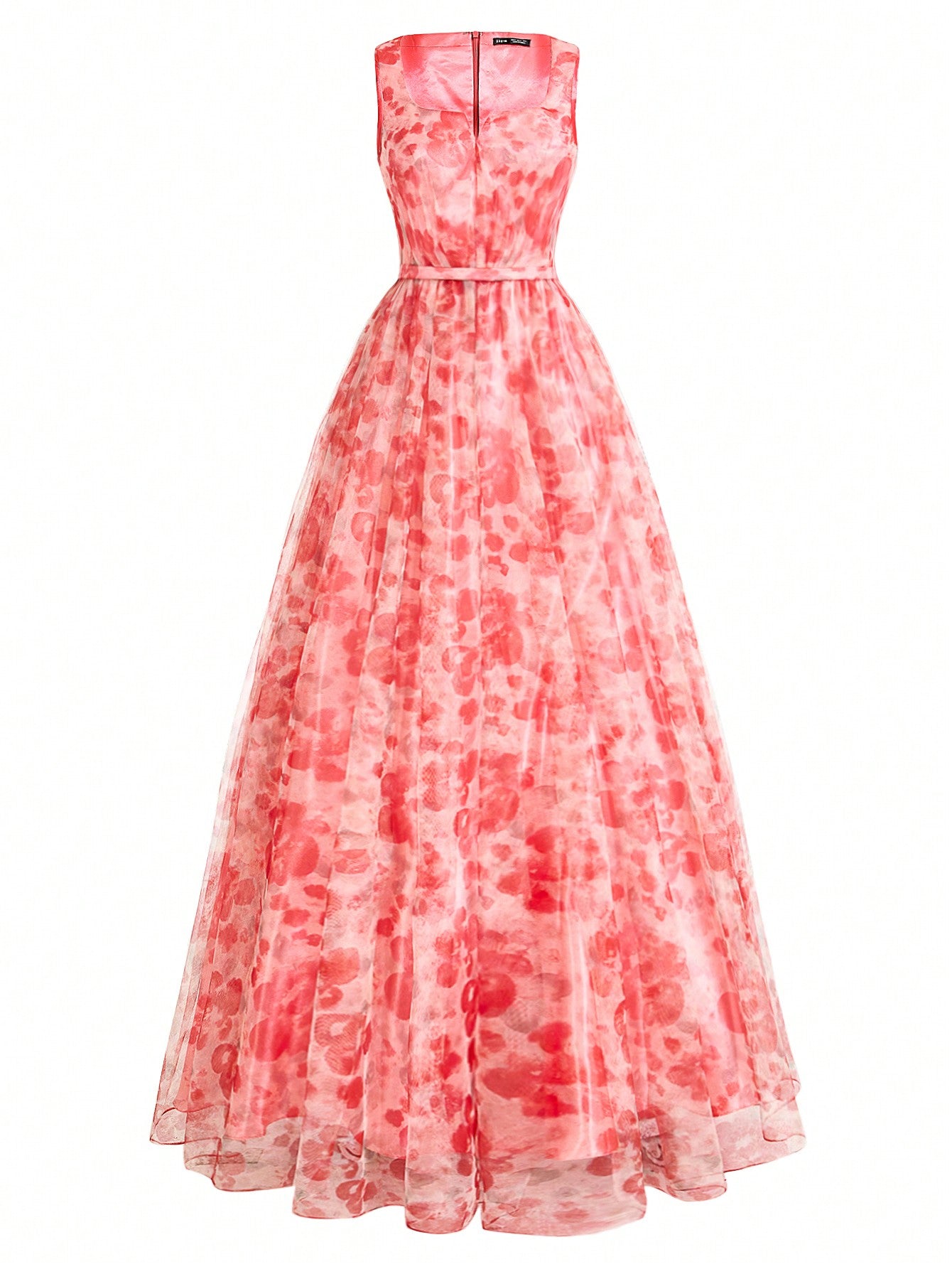 Elegant And Romantic Women's Gauze Printed Floral Notched Wide Strap Heavy Work Formal Dress