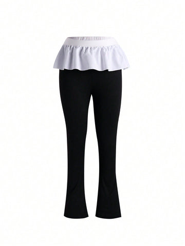 Teen Girl Colorblock Ruffle Trim Flare Leg Leggings