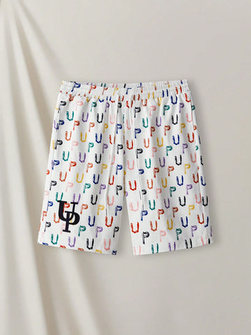 Men Letter Print Drawstring Waist Summer Shorts