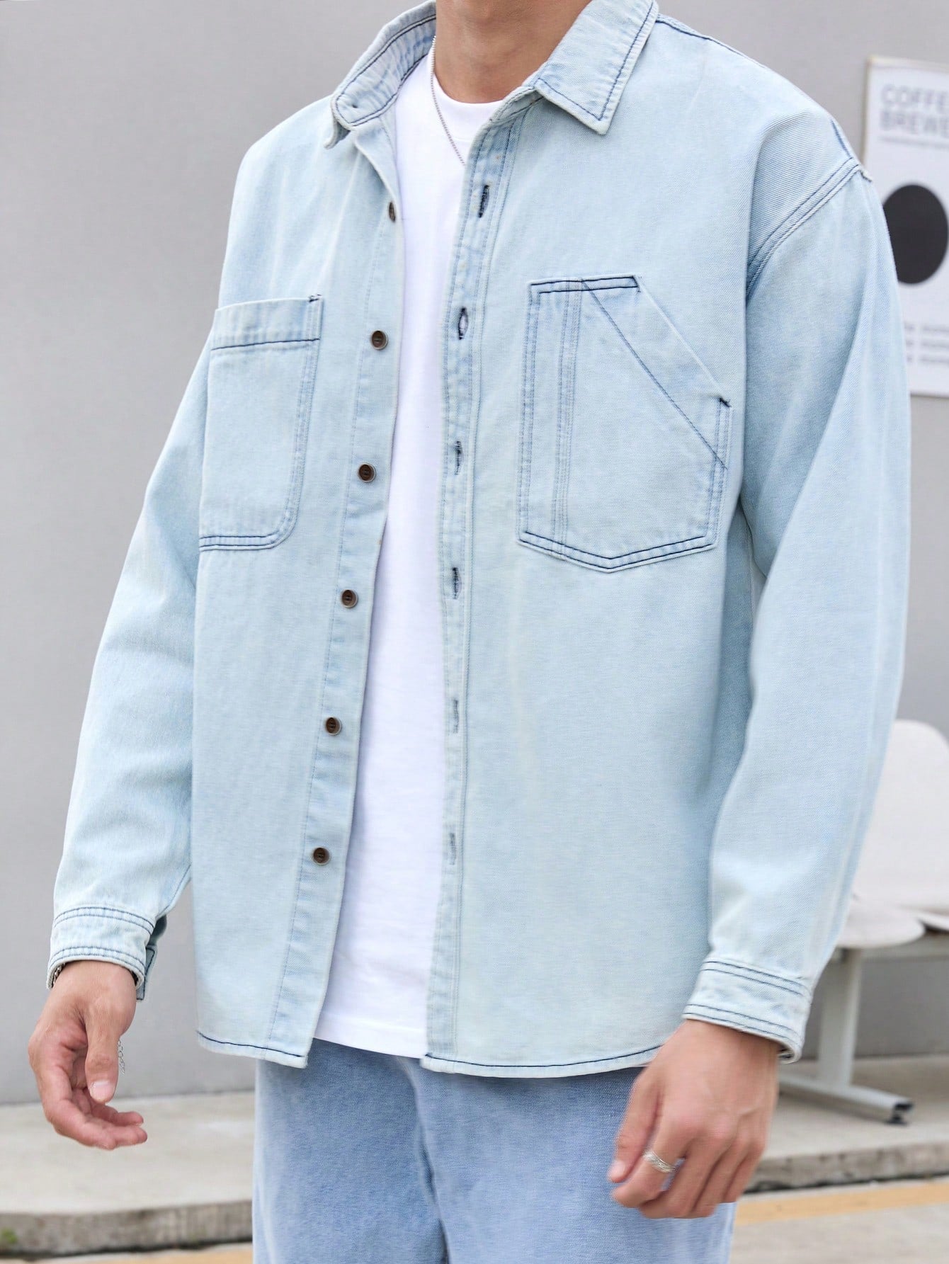 Men Summer Drop Shoulder Long Sleeve Loose Casual Denim Shirt With Pocket