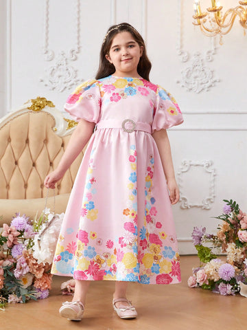 Tween Girls' Extended Size Floral Printed Bubble Sleeve Satin Dress With Round Neckline