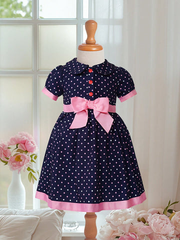 Baby Girl Peter Pan Collar Polka Dot Printed Short Sleeve Dress For Summer