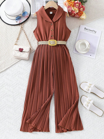 Tween Girl Elegant And  Sleeveless Jumpsuit With Shawl Collar, Pleated Hem And Woven Belt