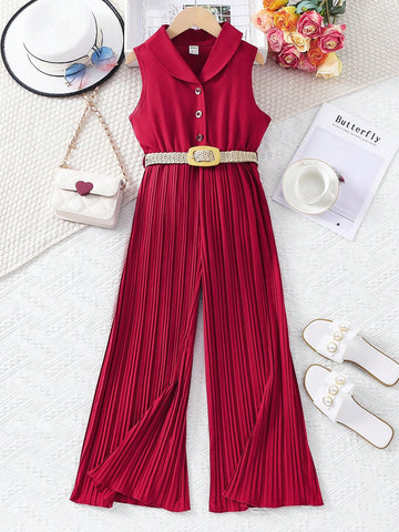 Tween Girl Summer Elegant Pleated Wide Leg Jumpsuit With Braided Belt