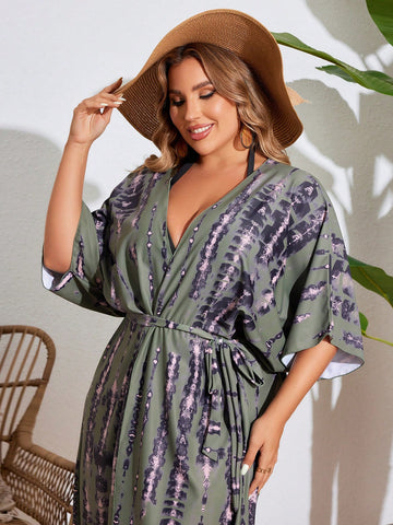 Summer Beach Plus Size Tie-Dye Print Beach Cover Up With Batwing Sleeves, Perfect For Vacation