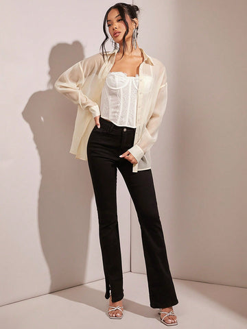 See-Through Mesh Organza Loose Business Long-Sleeved Women's Shirt