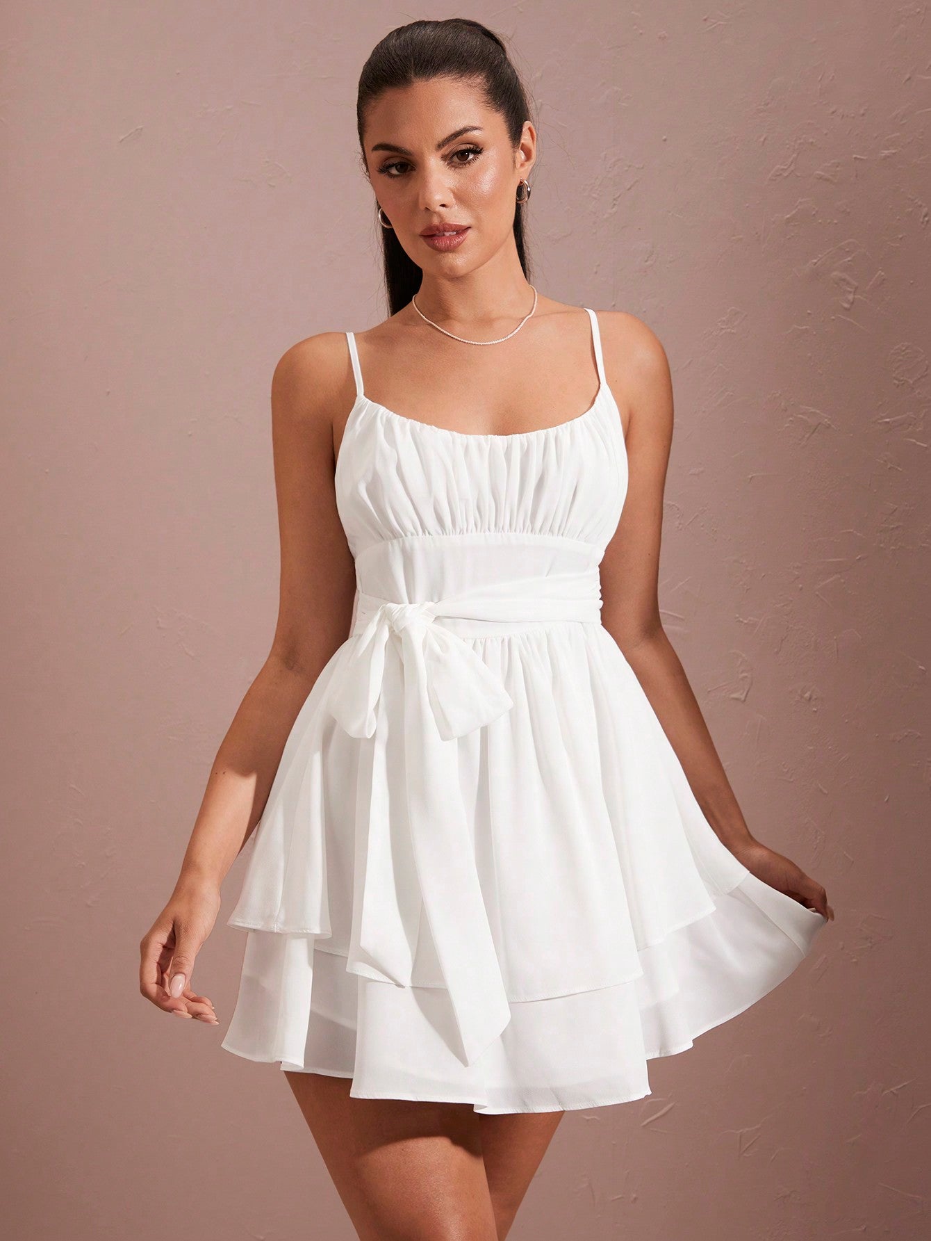 Summer White Double-Layered Dress With Waist Ties, Bow Knots, And Graduation Style For Women Short Cami Dress