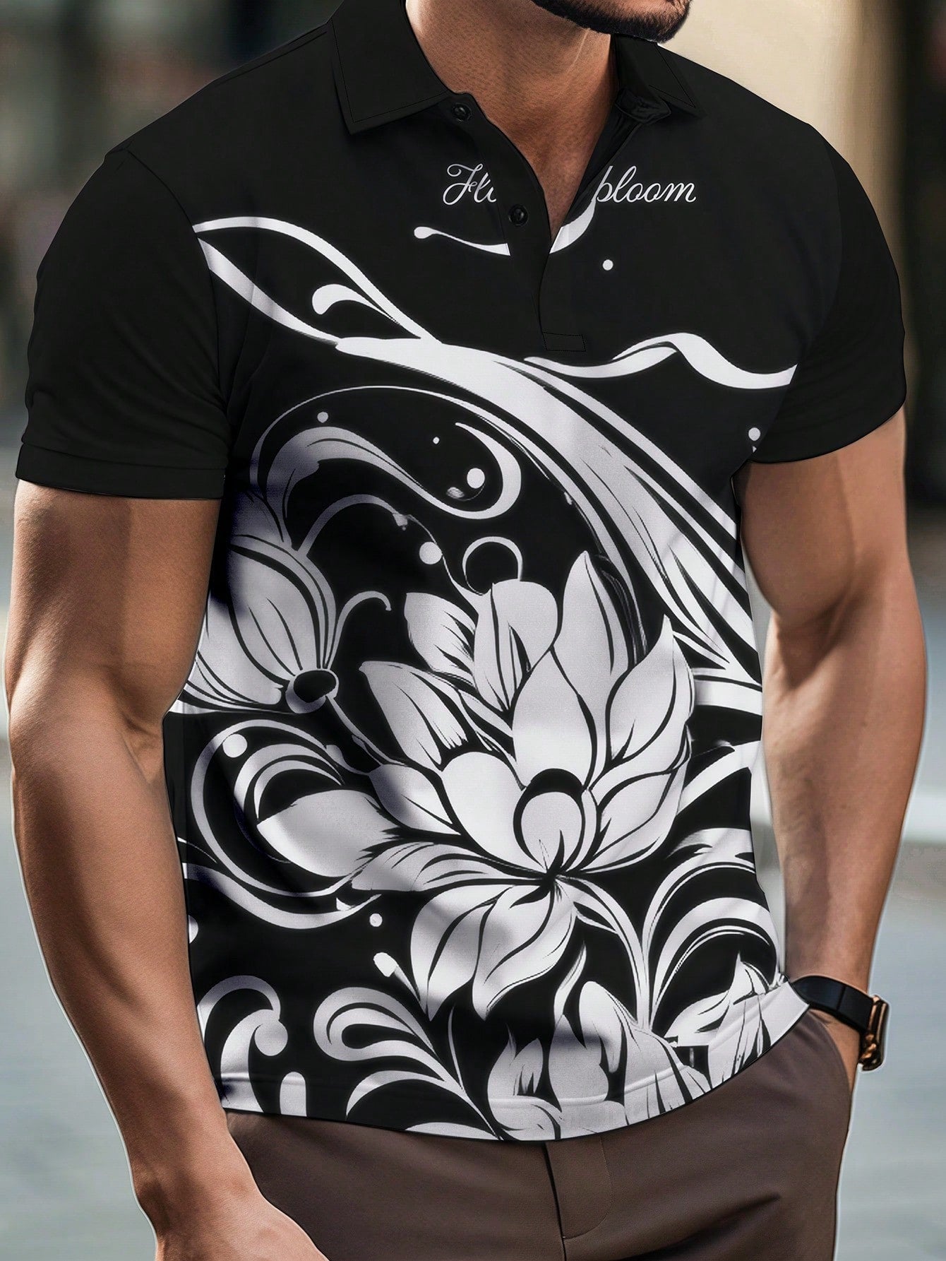 Men Summer Letter & Floral Print Short Sleeve Casual Polo Shirt