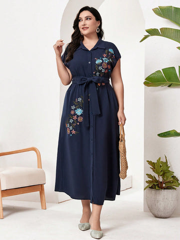 Women Plus Size Fashionable Printed Casual Daily All-Match Turn-Down Collar Dress