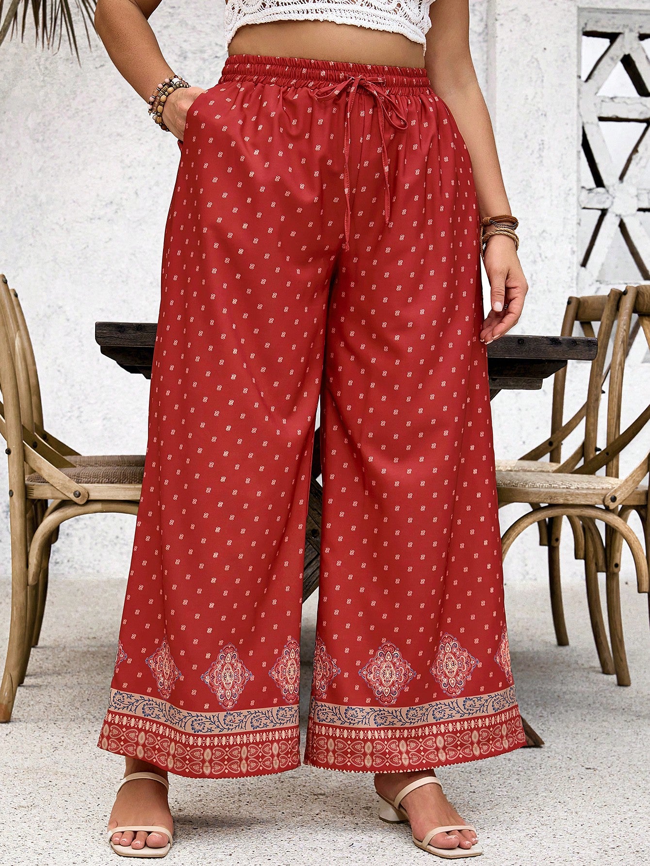 Plus Size Vacation Red  Flower Printed Women Beach Casual Wide Leg Pants With Pockets For Summer