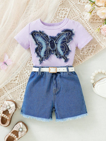 Denim Butterfly Top, Denim Shorts And Waist Bag Set For Girls, Elegant, Cute, And Fashionable Baby Attire