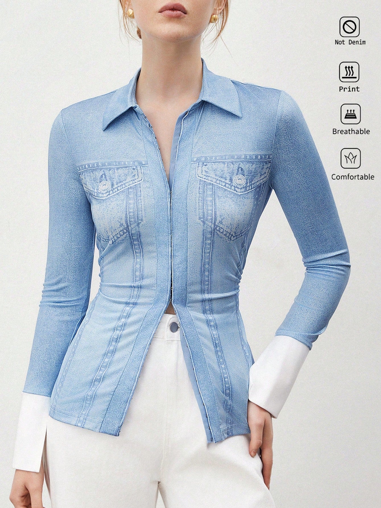 Ladies' Denim Effect Printed Long Sleeve Shirt