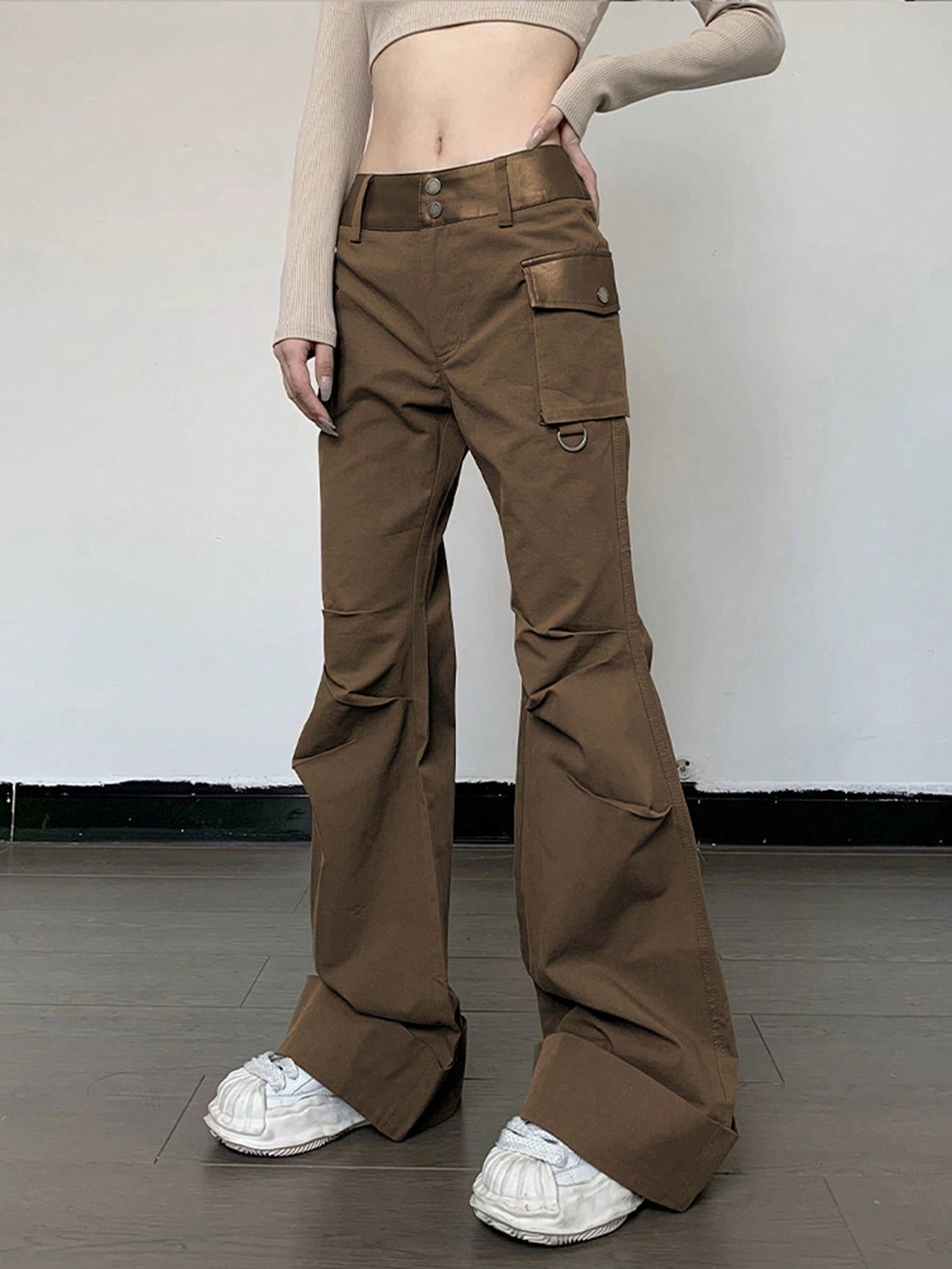 Fashion Contrast PU Leather Flare Leg Long Pants