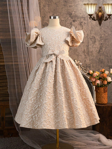 Tween Girl Cute Elegant Court Style Jacquard Dress With Merged Layers And Flower Embroidery