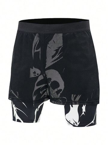 Men's Ghost Printed Contrast Mesh 2 In 1 Sports Shorts