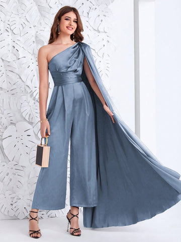 Women Solid Color Pleated Stitching With Draped One Shoulder Jumpsuit And Wide Leg For Elegant Party