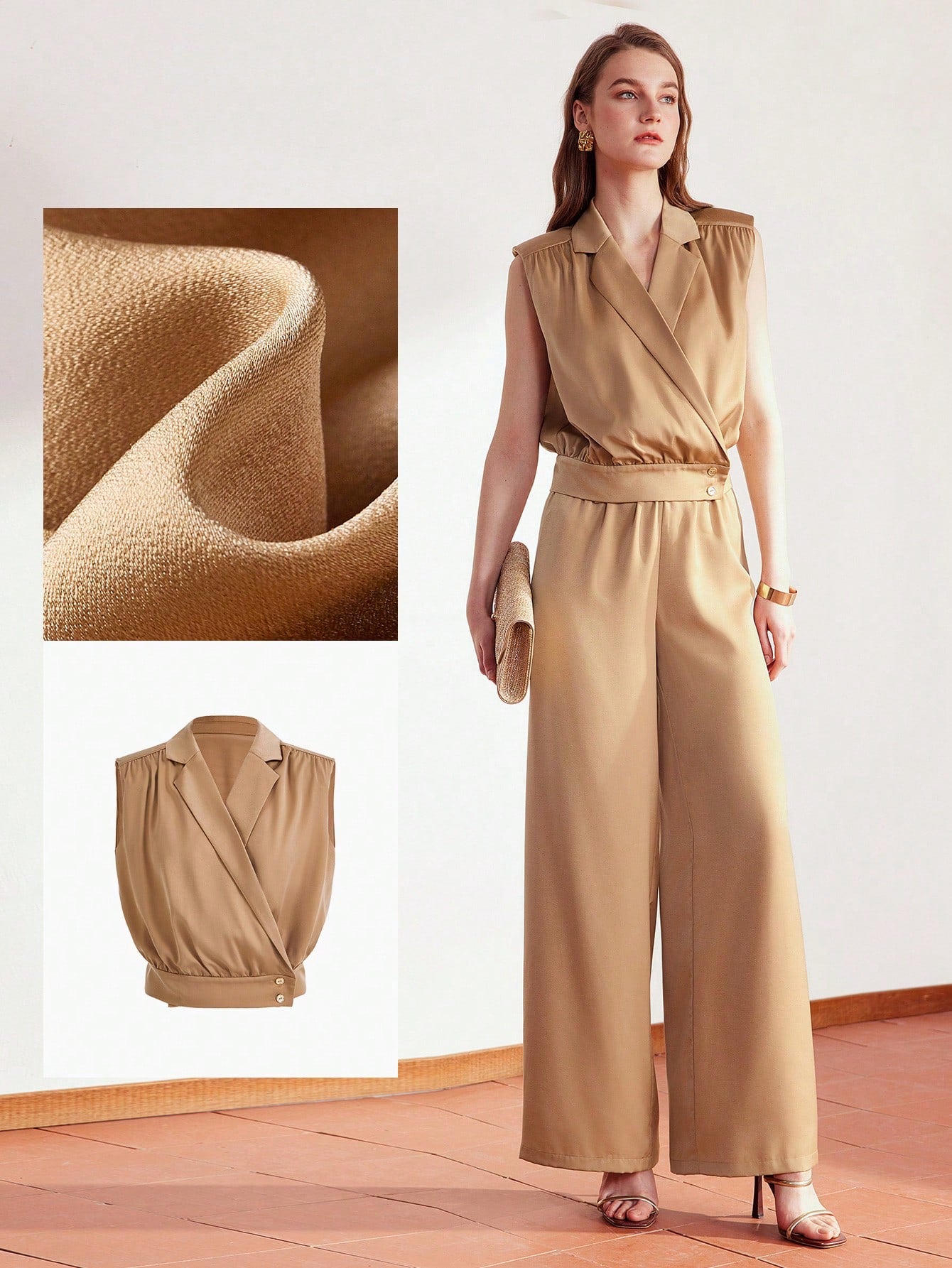 LAPEL COLLAR FOLD PLEATED SHOULDER PADDED BLOUSE