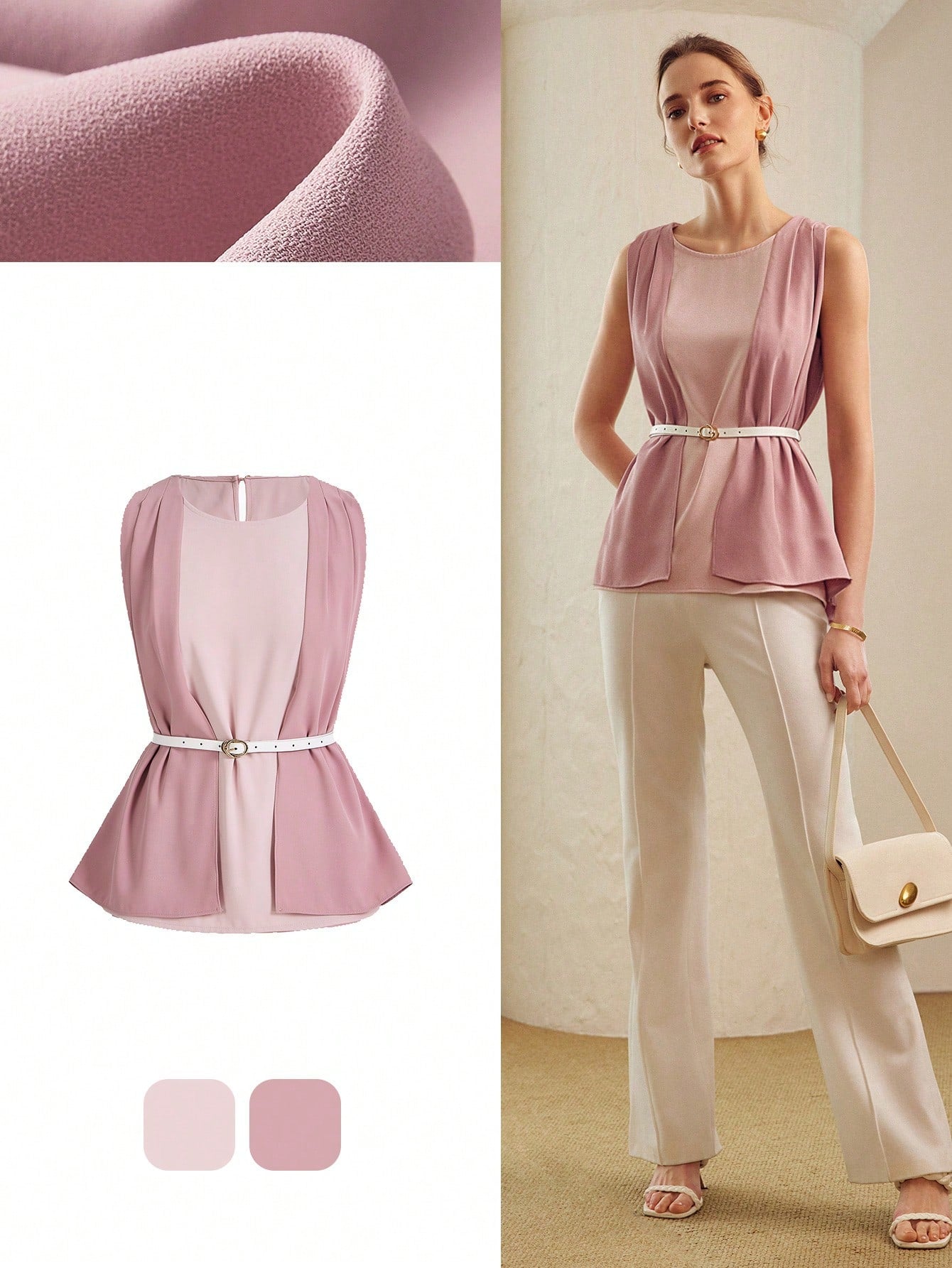 TWO TONE FOLD PLEATED BLOUSE WITH BELT