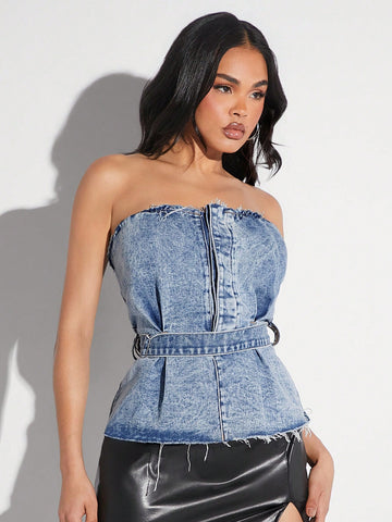 Women'S Frayed Tube Denim Top With Belt For Summer Daily