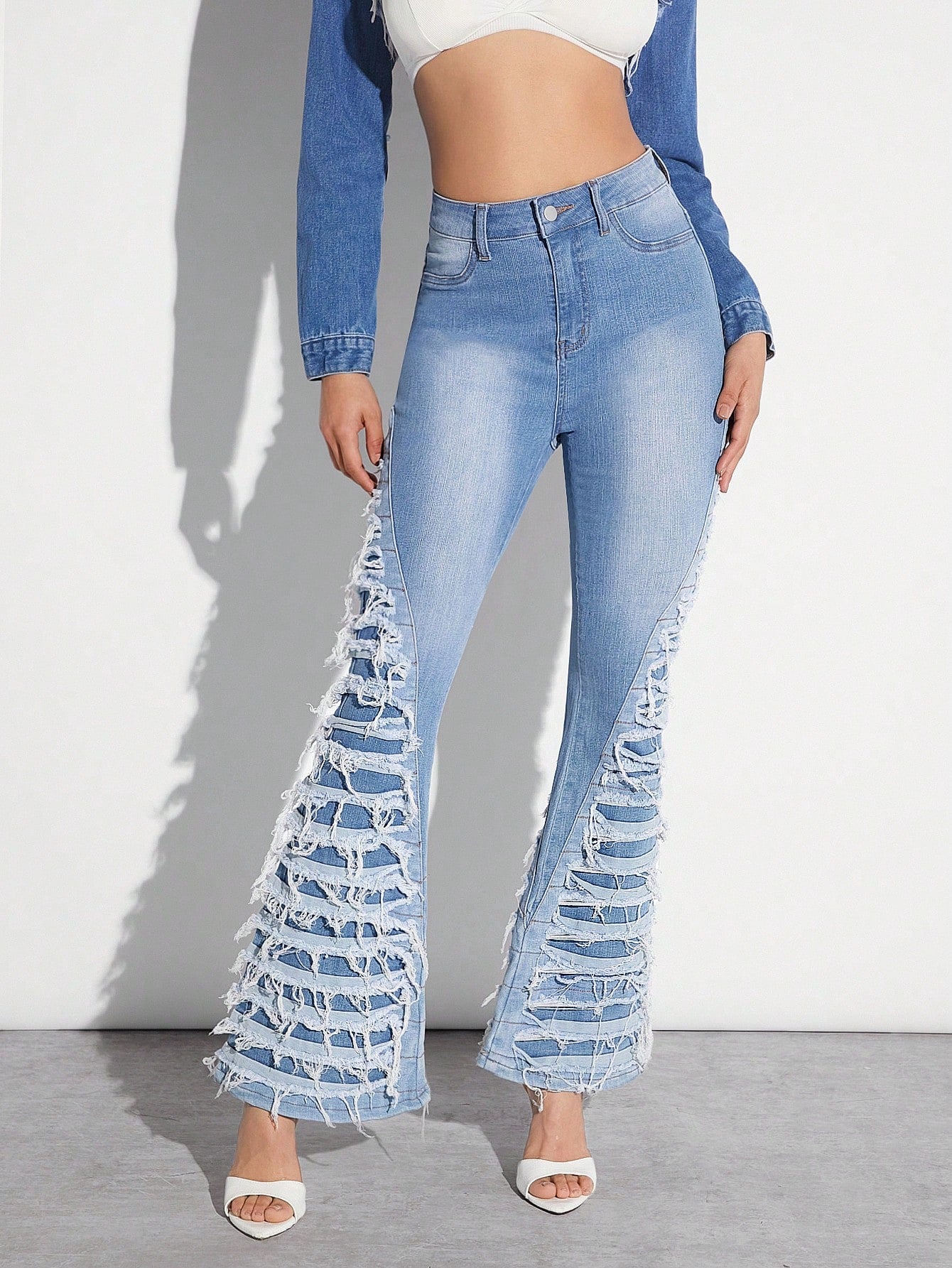 Ripped Layered Panel Flare Leg Jeans