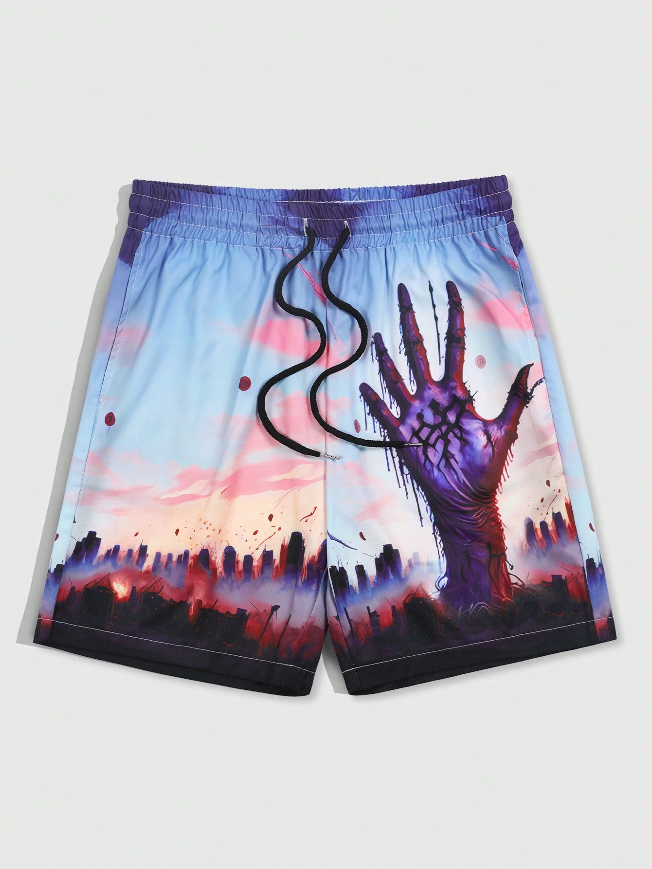 Men's Doomsday Movie Print Shorts, Summer Vacation Beach Shorts