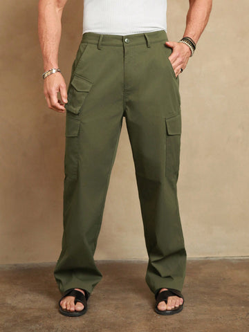 Men Casual Solid Color Straight Cargo Pants