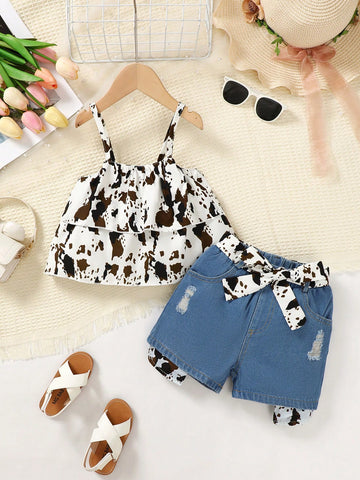 Young Girl Fashion Allover Print Cami Top & Ripped Denim Shorts 2pcs/Set