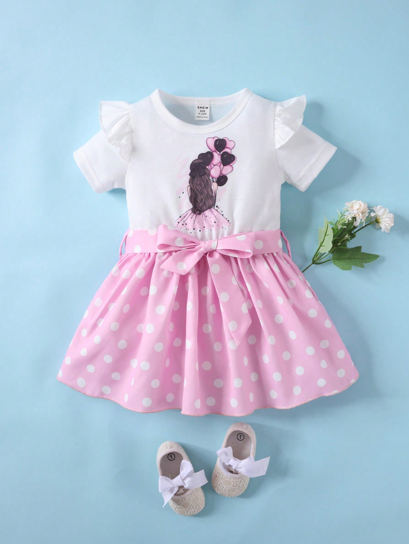 Baby Girl Summer Casual Character Print Polka Dot Hem Short Sleeve Dress