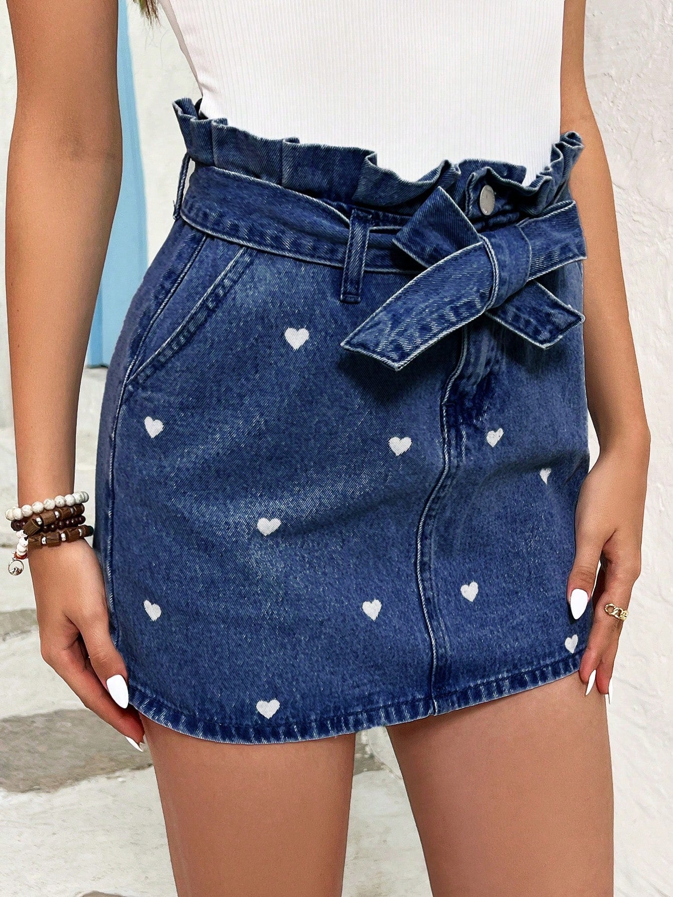 Holiday Heart Pattern Denim Mini Skirt With Fringe Edge For Women, Blue