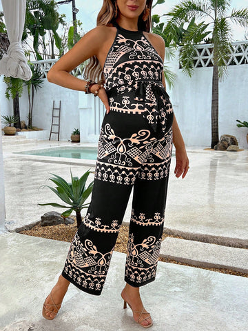 Maternity Full-Print Halter Neck Backless Sleeveless Jumpsuit For Summer