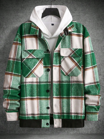 Men Spring And Autumn Loose Plaid Long-Sleeved Jacket With Workwear Pocket Design