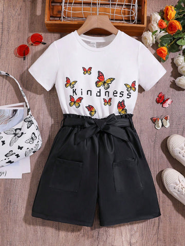 Tween Girl Summer Casual 2pcsset Letter Butterfly Printed Round Neck Short Sleeve T-Shirt And Double Pocket Shorts