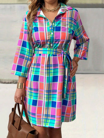 Women Front Buttoned Plaid Printed Collared Belted Midi Dress