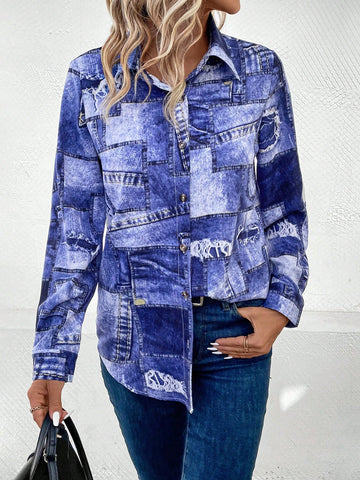 Women'S Denim-Look Printed Long Sleeve Shirt