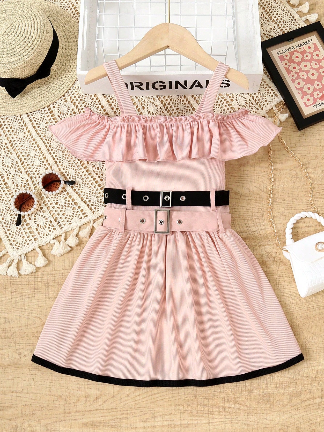 Girls' New Sweet Black & Pink Color Block Spaghetti Strap Off Shoulder Dress With Double Waist Belt