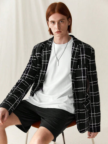 Men Plaid Printed Knit Casual Suit Jacket With Long Sleeves