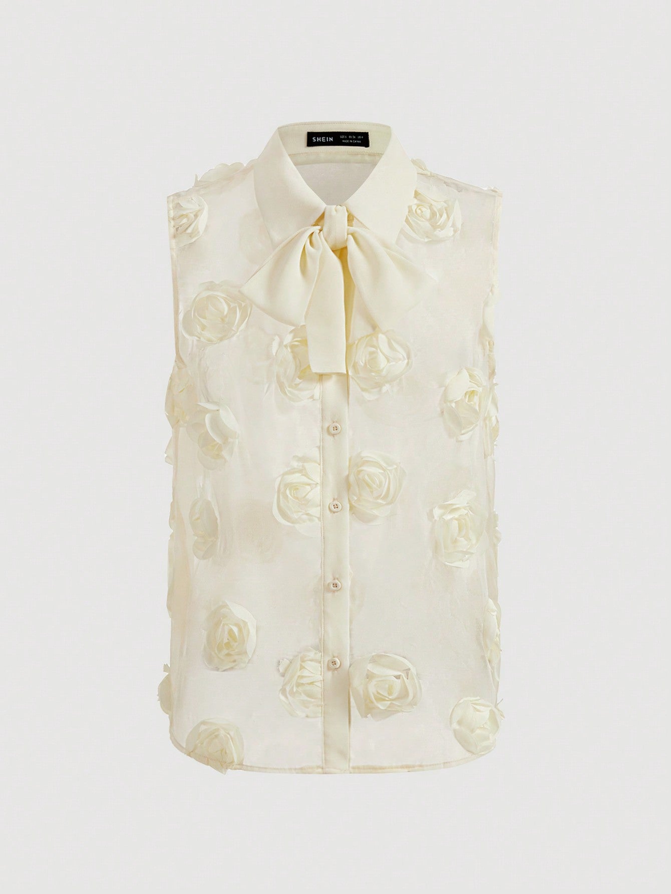 Women's Elegant & Romantic Sleeveless Sheer Mesh 3d Floral Collar Bow Knot Button Down Shirt