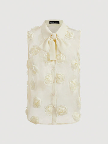 Women's Elegant & Romantic Sleeveless Sheer Mesh 3d Floral Collar Bow Knot Button Down Shirt