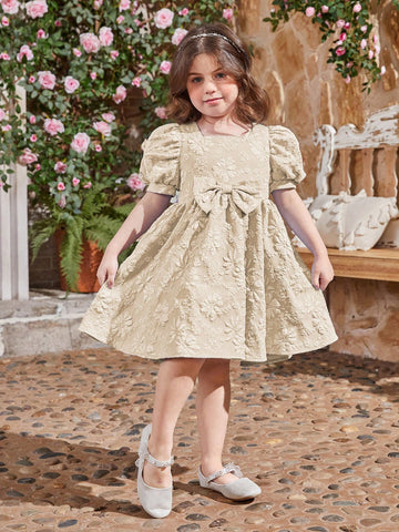 Young Girl Square Neck Puff Sleeve Jacquard Dress With Bow Decoration