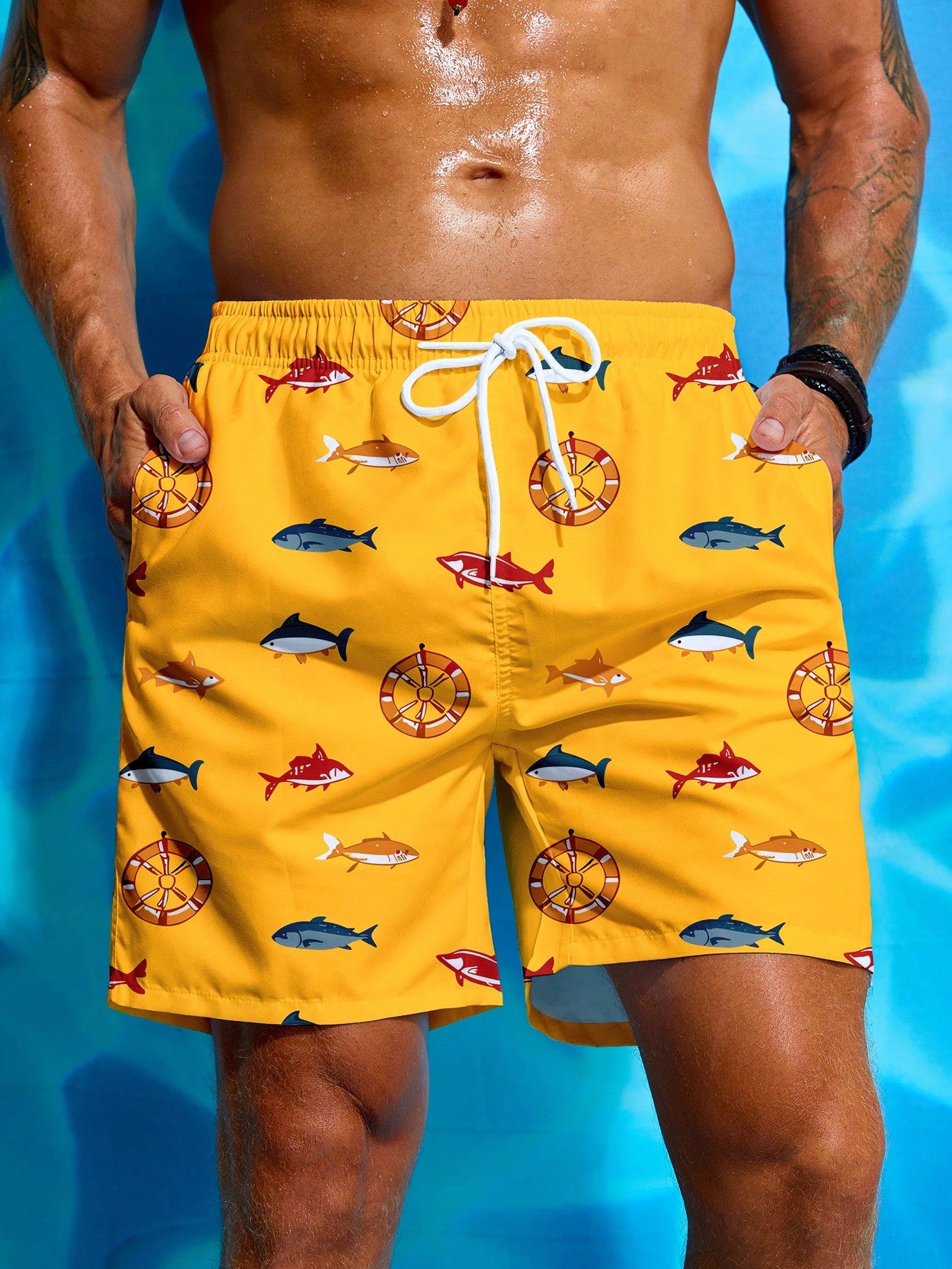 Men Shark Printed Drawstring Waist Loose Beach Shorts For Vacation