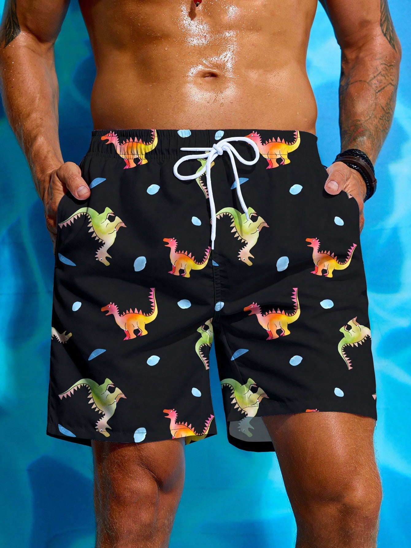 Men's Dinosaur Allover Print Beach Shorts With Drawstring Waist, Perfect For Vacation