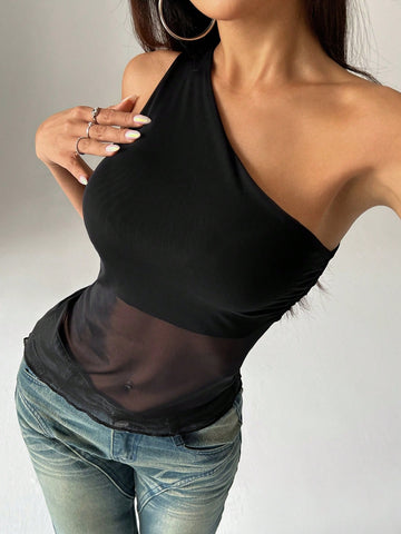 Women's Solid Color Asymmetrical Collar Mesh Splice Sleeveless Top