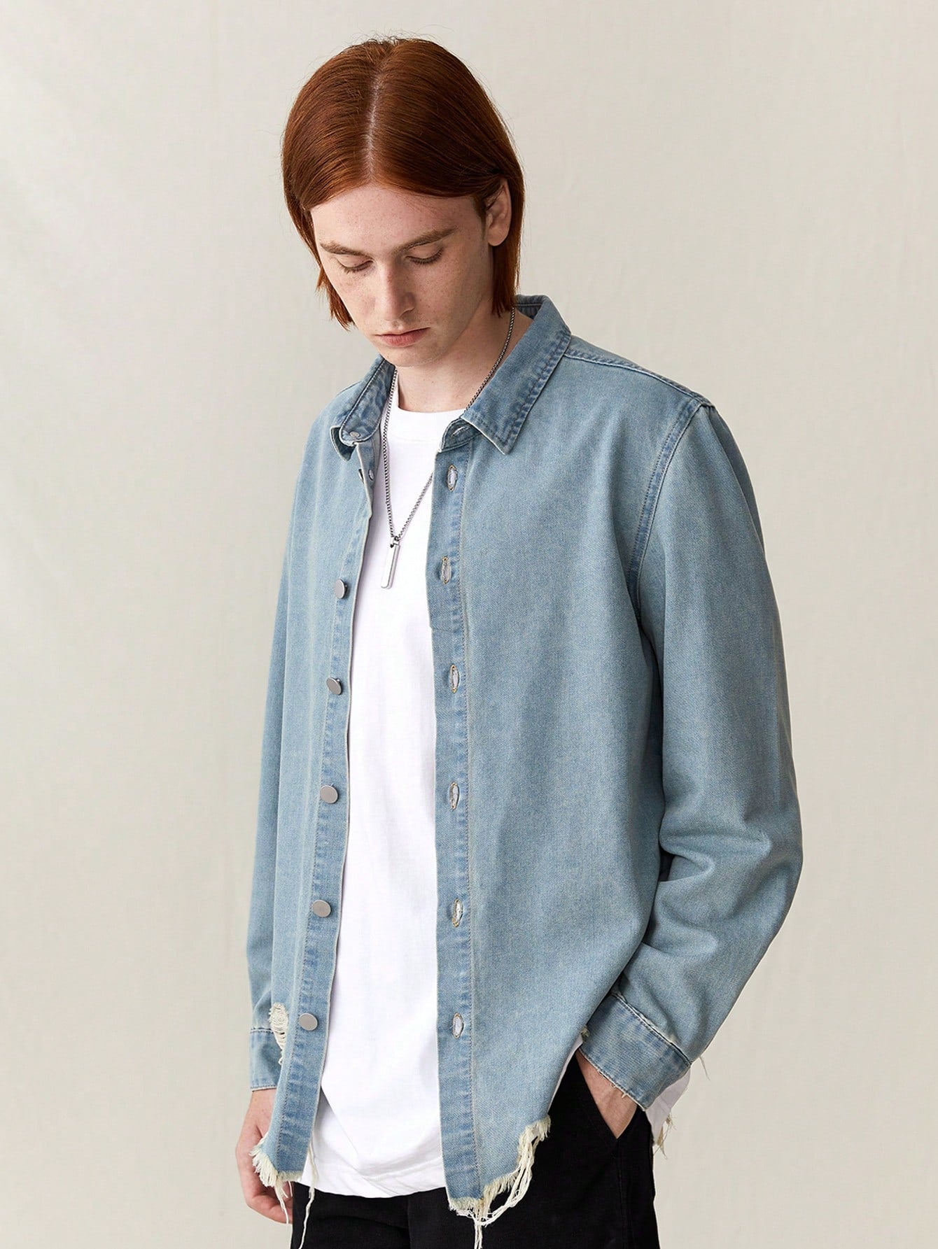 Men Retro Light Blue Patchwork Loose Denim Shirt