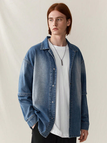 Men Light Blue Denim False Two Pieces Drop Shoulder Shirt