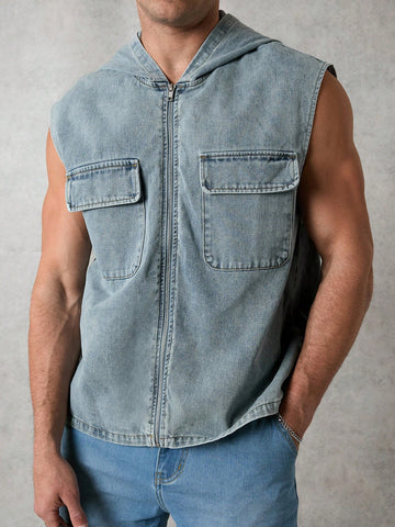 Men's Retro Washed Denim Vest Shirt With Hood