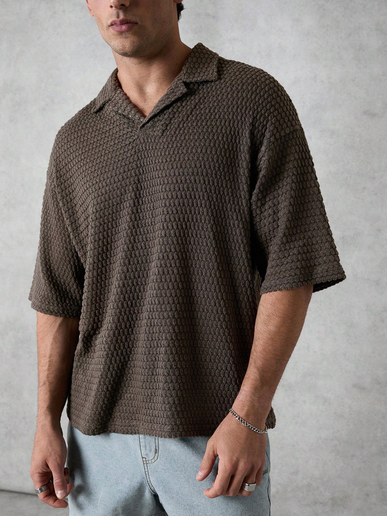 Men's Oversized Knitted Jacquard Polo Shirt In Brown