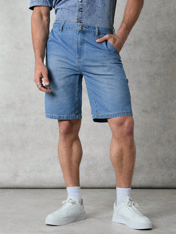 Men's Loose Workwear Denim Shorts In Light Blue Washed