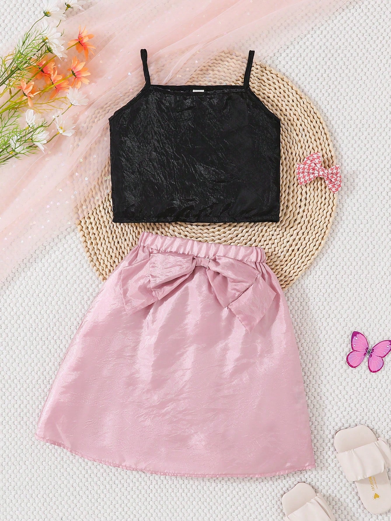 Young Girl Solid Color Spring/Summer Halter Top And Bowknot Skirt Two-Piece Set