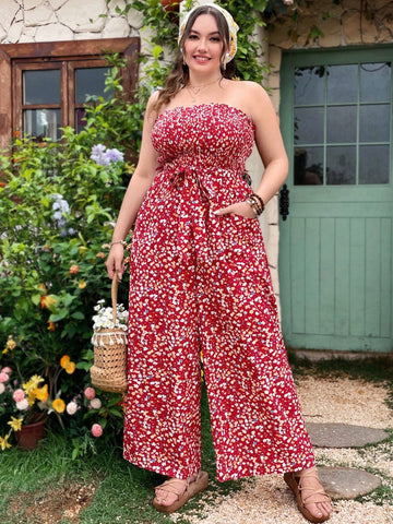 Plus-Size Women's Straight-Leg Jumpsuit With A Small Strapless Flash Strap With Red Floral Classic Rustic Pastoral Romance