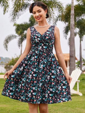 Vintage & Casual Floral Umbrella-Shaped Hem Women Dress With Ruffle Detail For Spring/Summer Holiday Vacation Dress Summer Dress Beach Women Dresses Floral Dress Hawaiian Beach Women Outfits Floral Dress Long Women Dresses Cottagecore